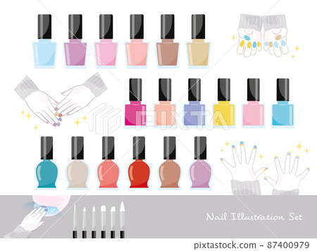 Nail color variations and female hand illustration material set 87400979