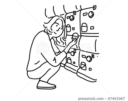 一個女人在膠囊玩具機前拿著膠囊的線條藝術插圖 87401067