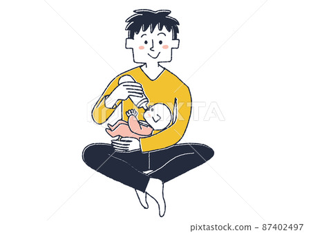 Dad giving milk to a baby Comical handwritten person Vector, simple coloring of line drawing 87402497