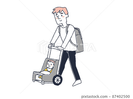 A man who pushes a stroller and goes out. A comical handwritten person vector, simple coloring of line drawings. 87402500