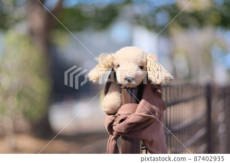 A dog doll photographed by fixing it to a fence 87402935