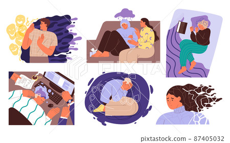 Set of people in difficult situations, experiencing negative emotions, heartache and life difficulties 87405032