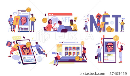Non-fungible token. Cartoon concept with people creating and selling art via blockchain. NFT masterpiece markets set. Persons with computers making transactions. Vector crypto artworks 87405439