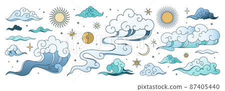 Asian curly clouds. Oriental traditional Japanese cloudy shapes with stars. Sun and Moon. Sky precipitation. Wind and crescent. Overcast weather. Vector Chinese cloudscape elements set 87405440