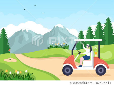 Playing Golf Sport with Flags, Sand Ground, Sand Bunker and Equipment on Outdoors Yard Green Plants in Flat Cartoon Background Illustration 87406615