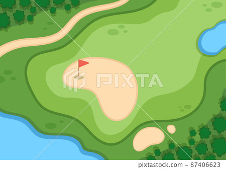 Playing Golf Sport with Flags, Sand Ground, Sand Bunker and Equipment on Outdoors Yard Green Plants in Flat Cartoon Background Illustration 87406623
