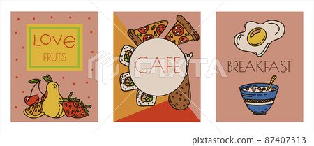 Vector Food Doodle banners. Hand Made Line Art cards. Menu Restaurant. Sketch illustration of healthy food. Logotype Symbol Design 87407313
