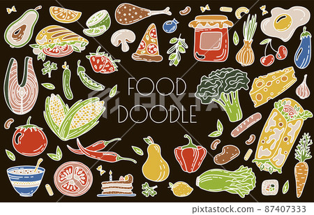 Vector Food Doodle Icons. Hand Made Line Art set. Menu Restaurant. Sketch illustration of healthy food. Logotype Symbol Design Vector Food Doodle Icons. Hand Made Line Art set. Menu Restaurant. Sketch illustration of healthy food. Logotype Symbol Design 87407333