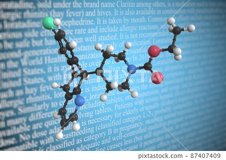 Molecular model of loratadine, 3D rendering Molecular model of loratadine, 3D rendering 87407409