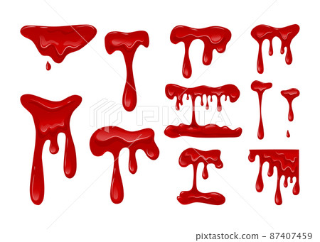 Dripping blood set on a white background. Flowing red liquid, red viscous slime. Vector cartoon illustration. 87407459