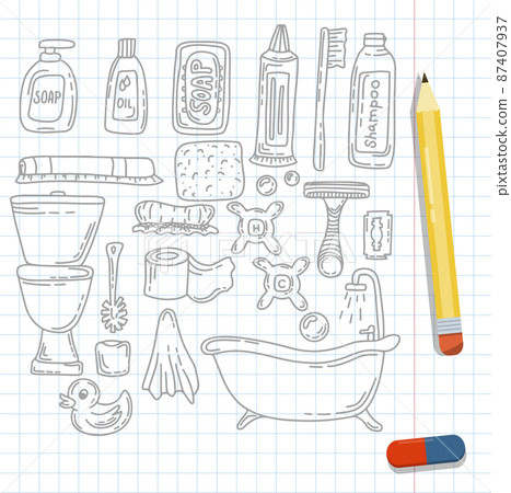 Bath doodle vector illustration. Hand draw set of home bathroom hygiene accessories. Sketch icons for hotels, plumbing and cosmetics stores Bath doodle vector illustration. Hand draw set of home bathroom hygiene accessories. Sketch icons for hotels, plumbing and cosmetics stores 87407937