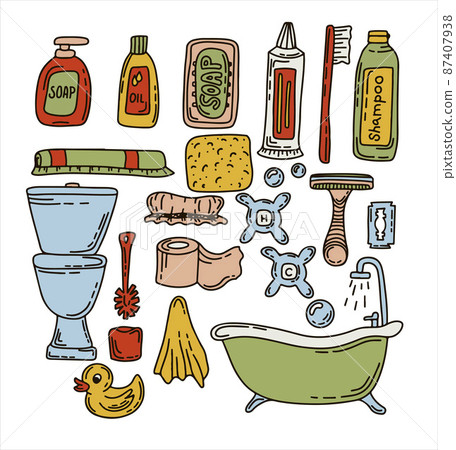 Bath doodle vector illustration. Hand draw set of home bathroom hygiene accessories. Sketch icons for hotels, plumbing and cosmetics stores Bath doodle vector illustration. Hand draw set of home bathroom hygiene accessories. Sketch icons for hotels, plumbing and cosmetics stores 87407938