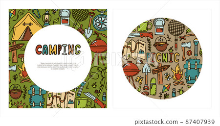 Doodle vector camping camping. Sketch hiking Icons.Hand draw illustration for summer picnic in nature. Camping equipments Doodle vector camping camping. Sketch hiking Icons.Hand draw illustration for summer picnic in nature. Camping equipments 87407939