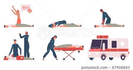 Medical first aid steps emergency situation infographic. Emergency first aid perform stages ector illustration set. Cpr and heart emergency step by step procedure 87408683