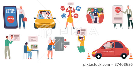 Driving auto school, driving lessons, instruction and exam scenes. Student pass computer tests and get drivers license vector illustration set. Car driving education process 87408686
