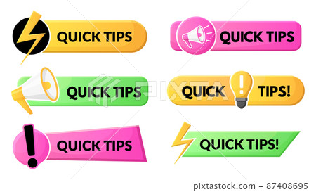 Quick tips and tricks helpful bars, advice, useful clue logos. Light bulb helpful tricks, prompts and suggestion vector symbols set. Abstract quick tips emblems 87408695