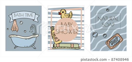 Bath doodle vector illustration. Hand draw banners of home bathroom hygiene accessories. Sketch icons for hotels, plumbing and cosmetics stores 87408946