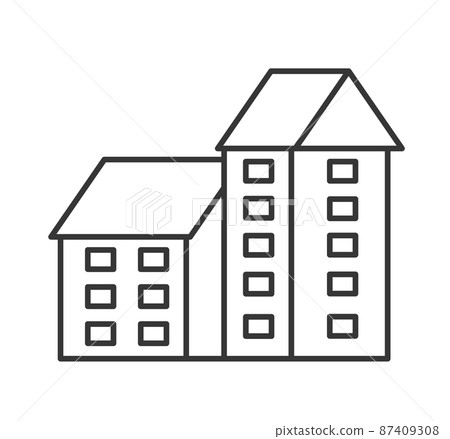 Linear urban buildings and illustrations of houses and architectural signs 87409308