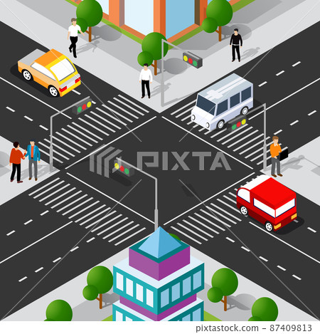 Lifestyle crossroads illustration of the city block with people 87409813