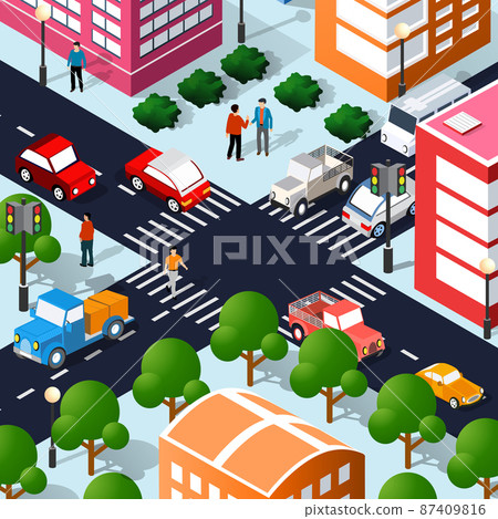 Lifestyle crossroads illustration of the city block with people Lifestyle crossroads illustration of the city block with people 87409816