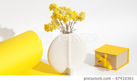 Everlasting immortelle yellow flowers in minimalistic ceramic white vase and yellow gift box with ribbon bow over yellow and white background. Greeting for International Womens Day on March 8 Everlasting immortelle yellow flowers in minimalistic ceramic white vase and yellow gift box with ribbon bow over yellow and white background. Greeting for International Womens Day on March 8 87410361