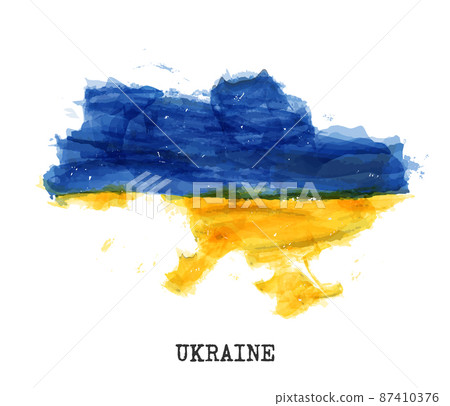 Ukraine map and flag watercolor painting design . Realistic drawing country shape . White isolated background . Vector . 87410376