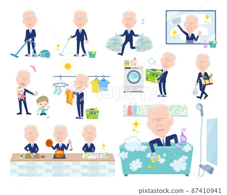 A set of middle-aged men related to household chores such as cleaning and washing 87410941
