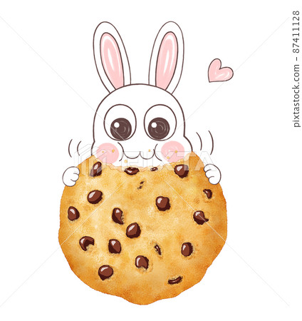 Illustration of a rabbit eating a homemade chocolate chip cookie Illustration of a rabbit eating a homemade chocolate chip cookie 87411128