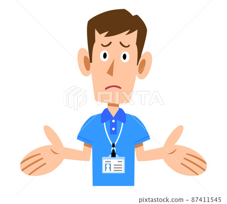 A stunned gesture of a male staff wearing a name tag in a short-sleeved polo shirt A stunned gesture of a male staff wearing a name tag in a short-sleeved polo shirt 87411545