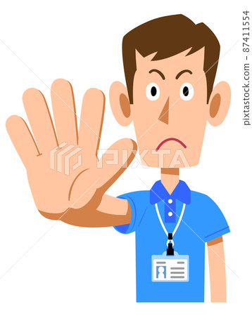 Resting pose of a male staff wearing a name tag in a short-sleeved polo shirt 87411554