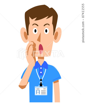 A gesture called by a male staff wearing a short-sleeved polo shirt and a name tag 87411555