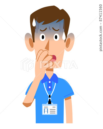 一名穿著短袖polo衫和名牌的男性工作人員蒼白的表情 一名穿著短袖polo衫和名牌的男性工作人員蒼白的表情 87411560