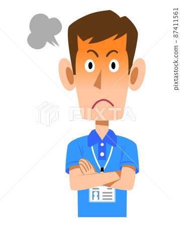 An angry expression of a male staff wearing a name tag in a short-sleeved polo shirt An angry expression of a male staff wearing a name tag in a short-sleeved polo shirt 87411561