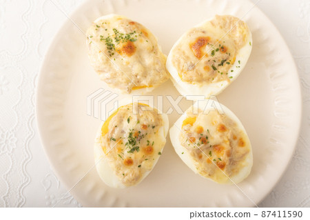 Grilled boiled egg with mayonnaise Grilled boiled egg with mayonnaise 87411590