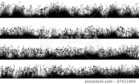 Horizontal banners with silhouettes of meadow with uneven ground and many flowers. Horizontal banners with silhouettes of meadow with uneven ground and many flowers. 87411994