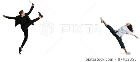 Flyer with two stylish office workers in business suits in action isolated on white background. Art, beauty, fashion and business concept. Flyer with two stylish office workers in business suits in action isolated on white background. Art, beauty, fashion and business concept. 87412353