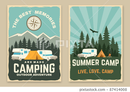 Set of camping retro posters. Vector illustration. Concept for shirt or logo, print, stamp or tee. Vintage typography design with motor home, forest and camper compass silhouette Set of camping retro posters. Vector illustration. Concept for shirt or logo, print, stamp or tee. Vintage typography design with motor home, forest and camper compass silhouette 87414008
