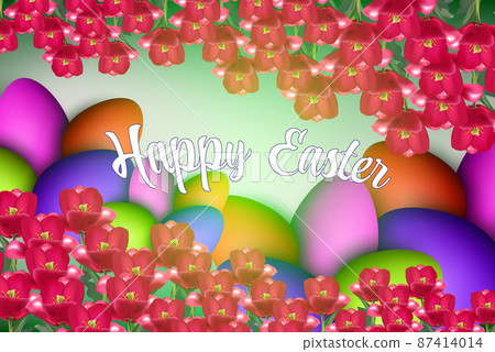 Field of pink tulips of bright colors and Easter eggs, Easter card, vector illustration 87414014