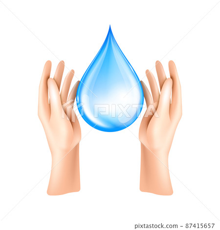 Protect water concept. Realistic hand with clean water drop. 87415657