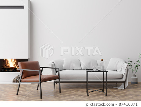 Empty white wall in modern living room. Mock up interior in contemporary style. Free space for picture, poster. Sofa, armchair, fireplace, table. 3D rendering. 87416371