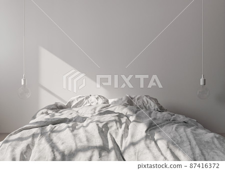 Empty white wall in modern and cozy bedroom. Mock up interior in minimalist, contemporary style. Free space, copy space for your picture, text, or another design. Bed, hanging lamps. 3D rendering. 87416372