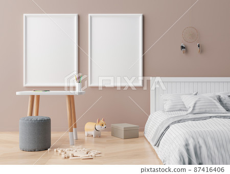 Two empty vertical picture frames on brown wall in modern child room. Mock up interior in scandinavian style. Free, copy space for your picture. Table, bed, toys. Cozy room for kids. 3D rendering. Two empty vertical picture frames on brown wall in modern child room. Mock up interior in scandinavian style. Free, copy space for your picture. Table, bed, toys. Cozy room for kids. 3D rendering. 87416406