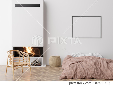 Blank horizontal picture frame on white wall in bedroom. Mock up poster frame in modern interior. Free space, copy space for your design. Bed, rattan armchair, fireplace. 3D render, 3D illustration. Blank horizontal picture frame on white wall in bedroom. Mock up poster frame in modern interior. Free space, copy space for your design. Bed, rattan armchair, fireplace. 3D render, 3D illustration. 87416407