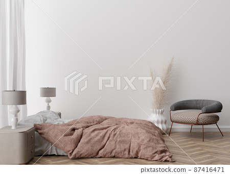 Empty white wall in modern and cozy bedroom. Mock up interior in contemporary style. Free space, copy space for your picture, text, or another design. Bed, lamps, parquet, pampas grass. 3D rendering. Empty white wall in modern and cozy bedroom. Mock up interior in contemporary style. Free space, copy space for your picture, text, or another design. Bed, lamps, parquet, pampas grass. 3D rendering. 87416471