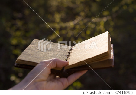 hands and opened vintage book over table 87416796
