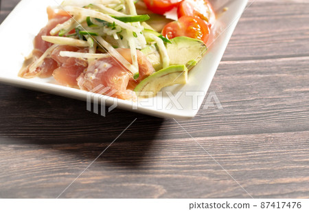 Tuna and avocado carpaccio salad Tuna and avocado carpaccio salad 87417476