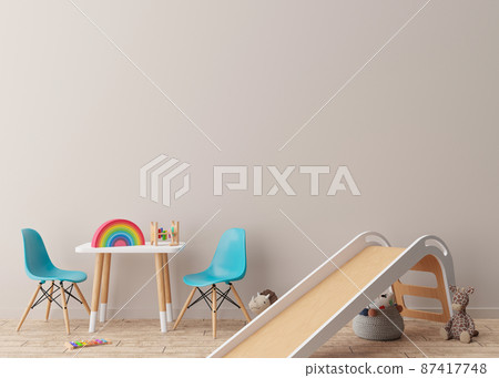 Empty cream wall in modern child room. Mock up interior in contemporary style. Free space, copy space for your picture, poster. Table, chairs, slide, toys. Cozy room for kids. 3D rendering. Empty cream wall in modern child room. Mock up interior in contemporary style. Free space, copy space for your picture, poster. Table, chairs, slide, toys. Cozy room for kids. 3D rendering. 87417748
