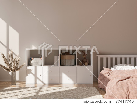 Empty cream wall in modern child room. Mock up interior in scandinavian style. Free, copy space for your picture, poster. Console, bed, vase with pampas grass, toys. Cozy room for kids. 3D rendering. Empty cream wall in modern child room. Mock up interior in scandinavian style. Free, copy space for your picture, poster. Console, bed, vase with pampas grass, toys. Cozy room for kids. 3D rendering. 87417749