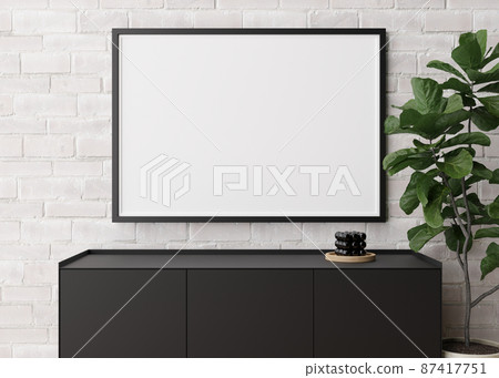 Empty horizontal picture frame on white brick wall in modern living room. Mock up interior in minimalist, contemporary style. Free space for your picture, poster. Console, candle, plant. 3D rendering. Empty horizontal picture frame on white brick wall in modern living room. Mock up interior in minimalist, contemporary style. Free space for your picture, poster. Console, candle, plant. 3D rendering. 87417751