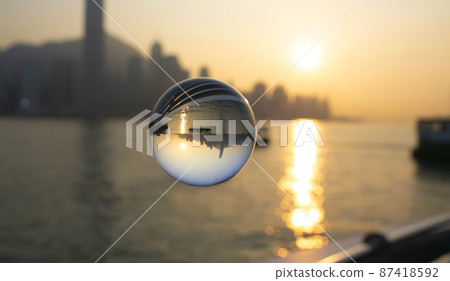 skyline in victoria harbour, inside the crystal ball in Hong Kong 87418592